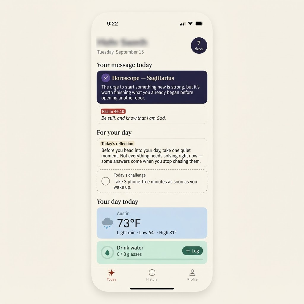 The Celestia app’s daily screen showing horoscope, Bible verse, daily reflection, challenge, weather, and water tracker