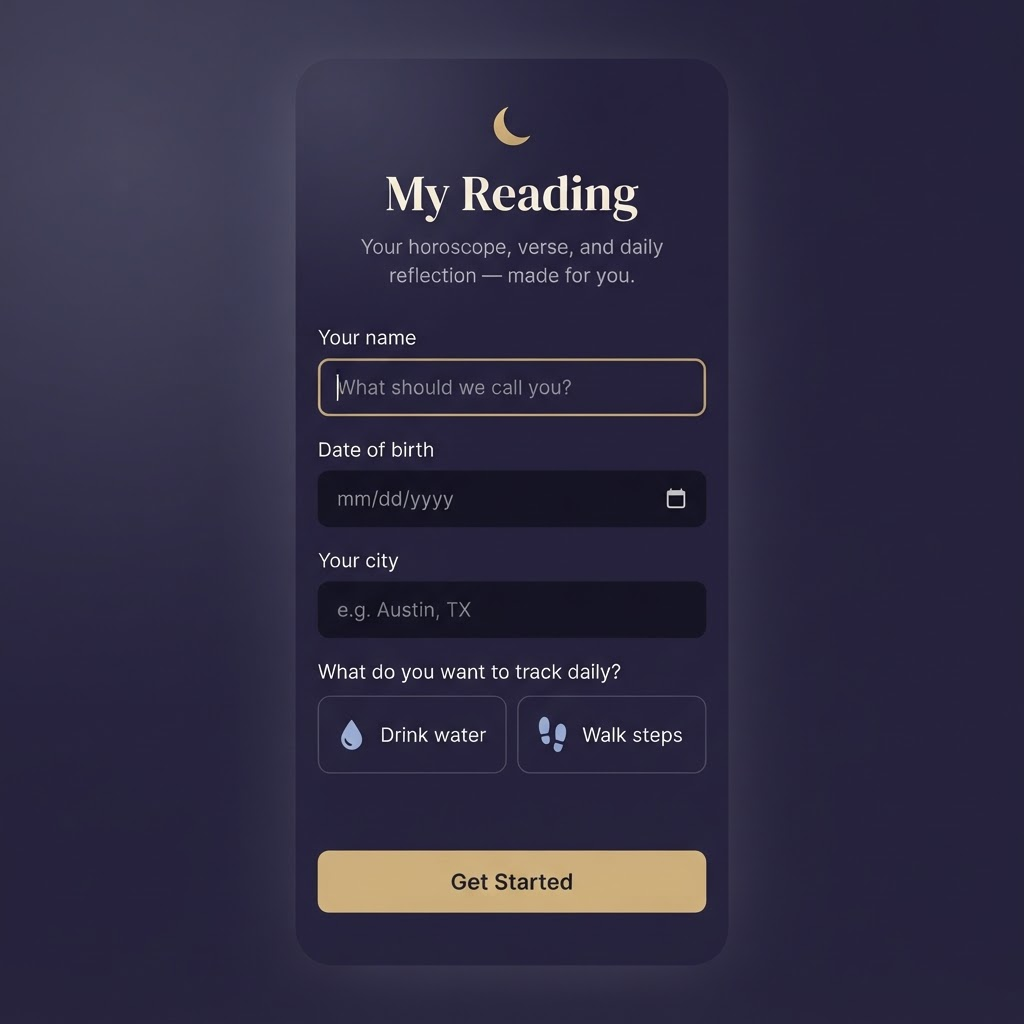 The Celestia app’s setup screen asking for your name, birth date, city, and a daily habit to track